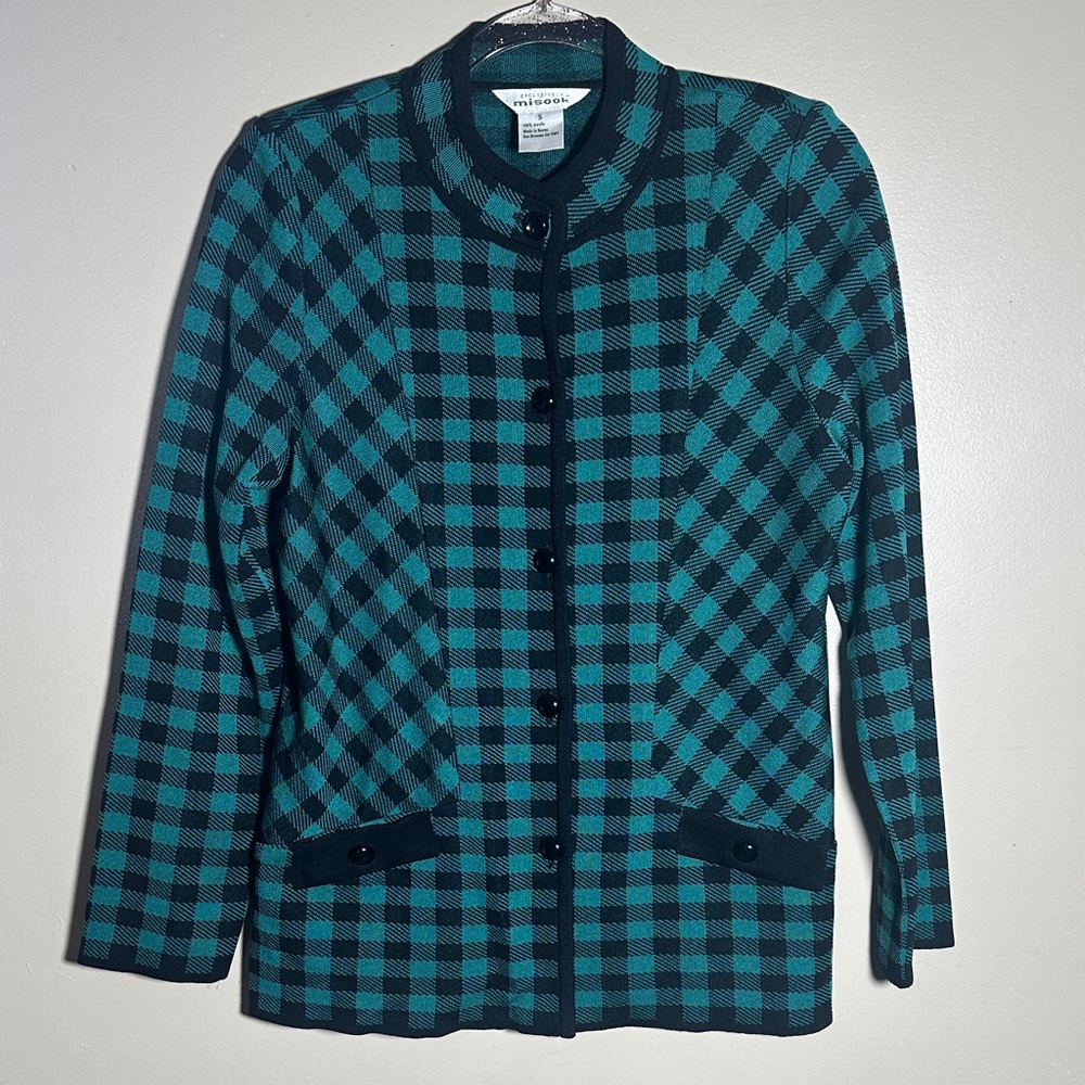 Exclusively Misook Small Teal Black Checkered Knit Jacket